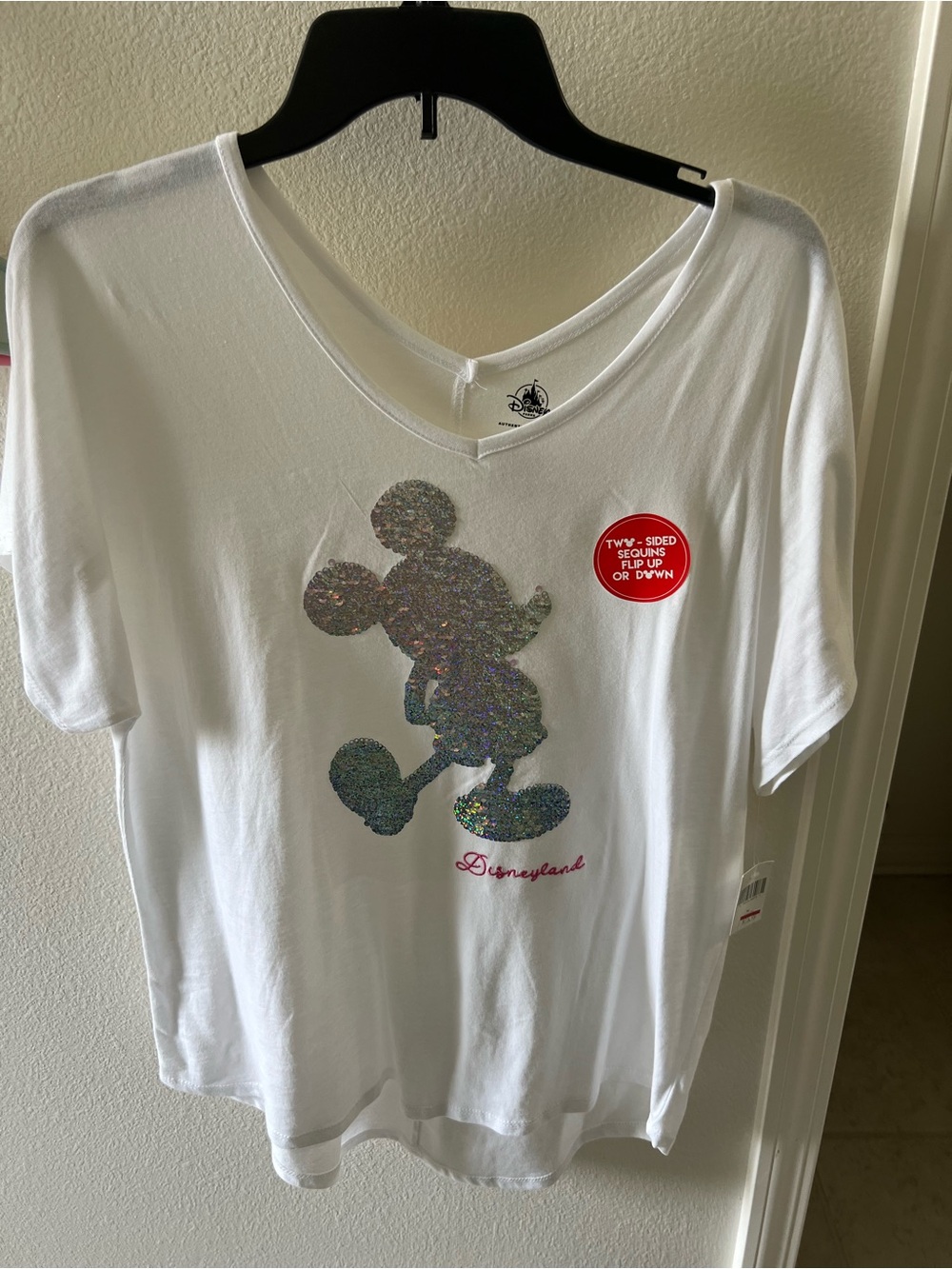 Disney White Short-Sleeve Tee with Holographic Sequin Mickey